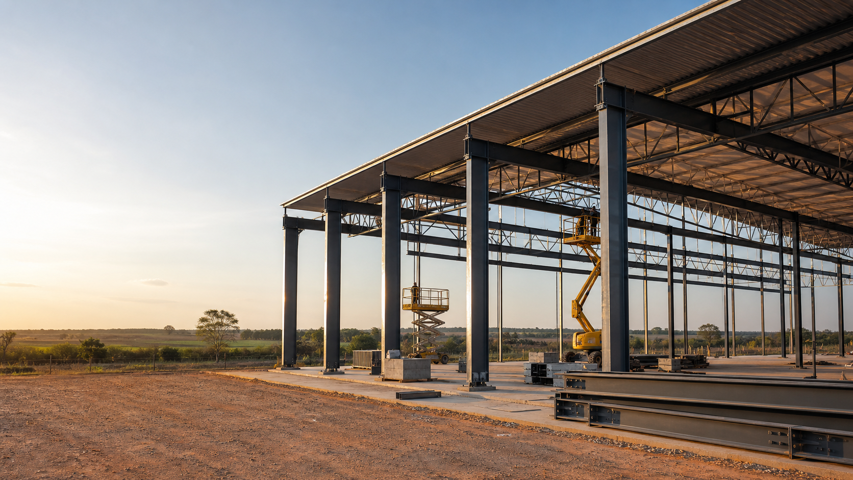 Estrutura metálica industrial em montagem
